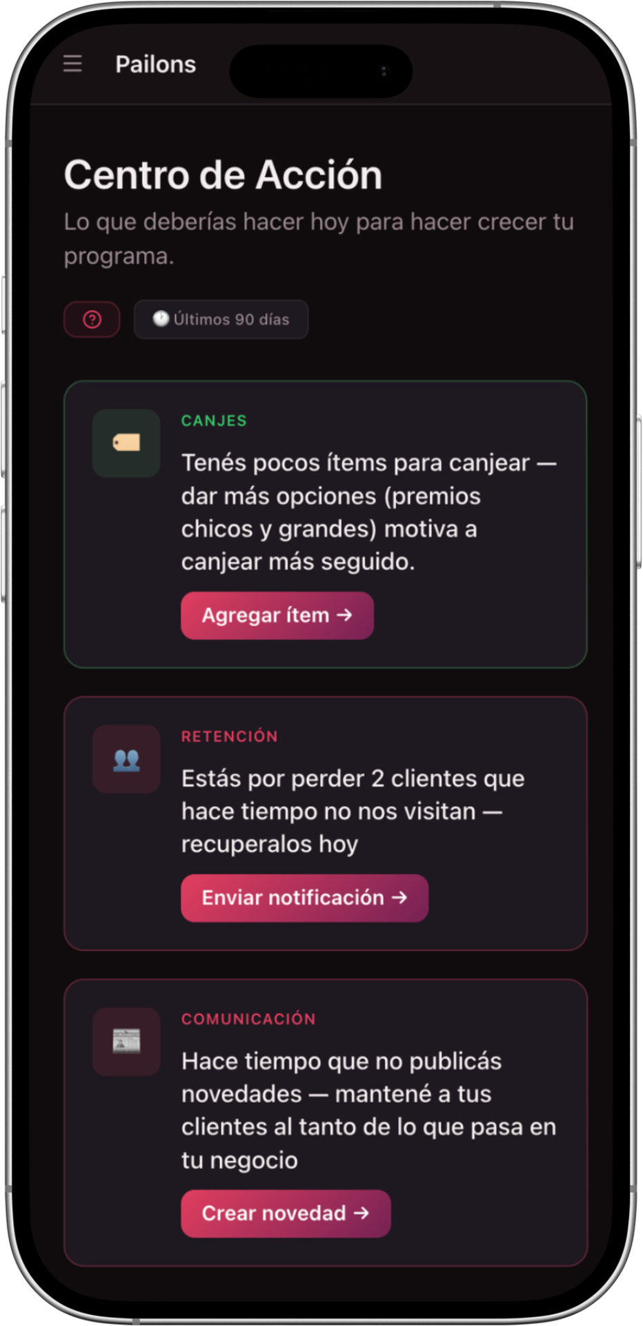 Centro de Acción en la app de Schimo, con recomendaciones reales de canjes, retención y comunicación