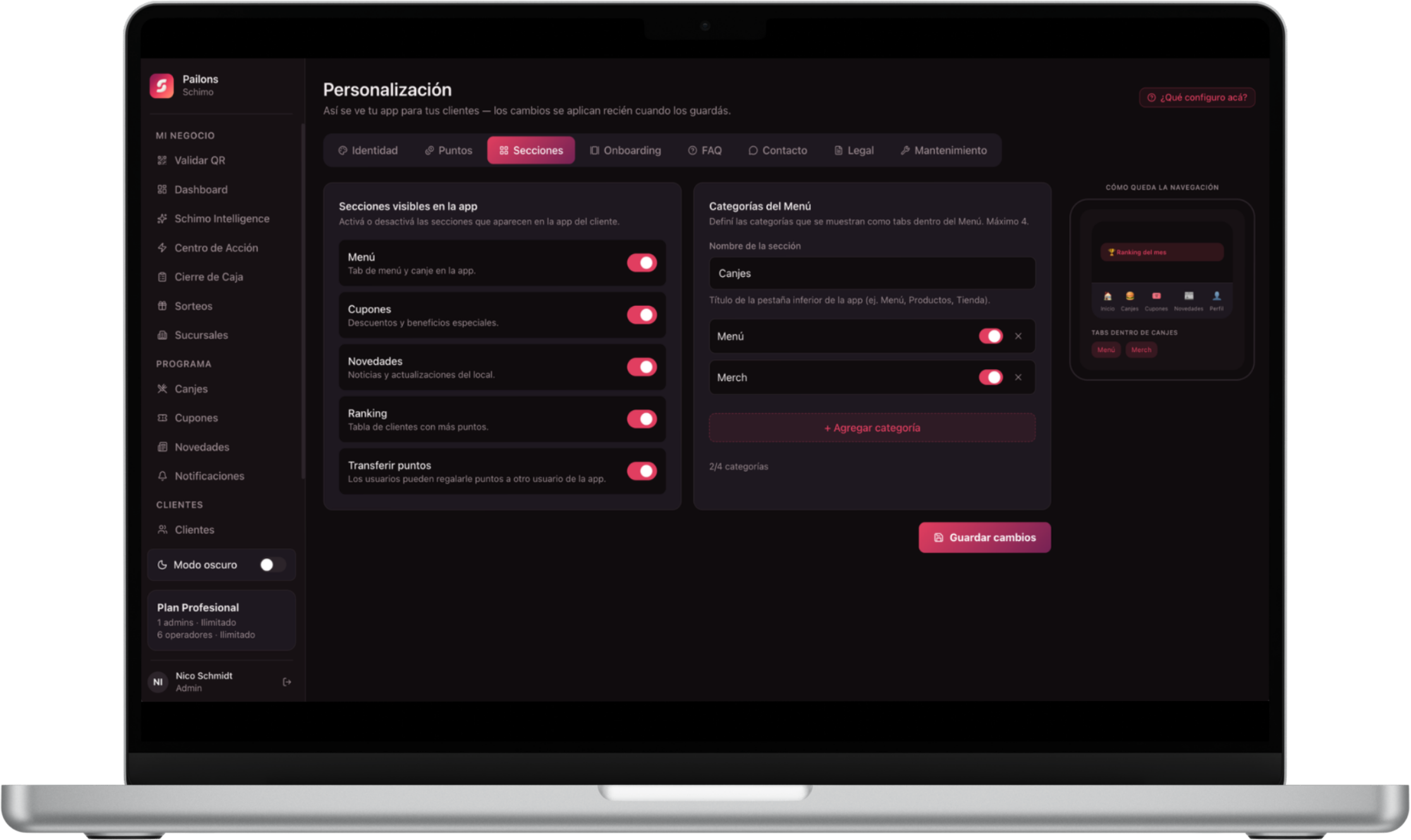 Panel de Personalización del backoffice de Schimo, con las secciones de la app activadas o desactivadas con un toggle
